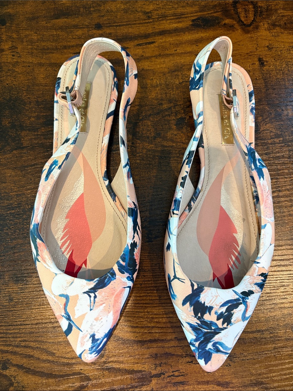Louise et Cie Peach Navy Floral Pointed Leather Slingback Flats Size 8